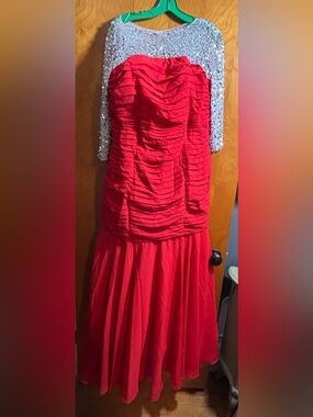 Red Ruched Dress with Silver Sequin Top Portion, @ Size Large